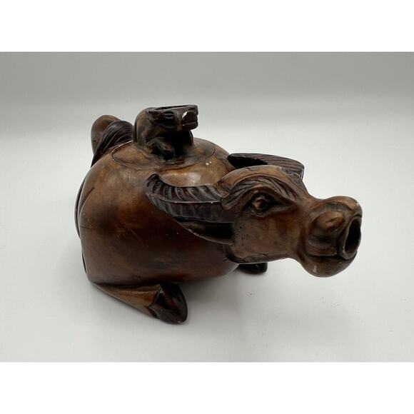 Hand Carved Chinese Brown Stained Soapstone Water Buffalo Lidded Creamer - Picture 3 of 14
